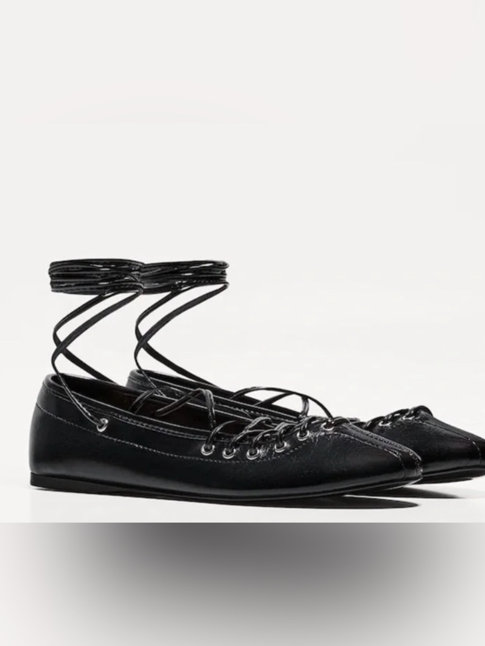 Bershka Black Lace-Up Pointed Ballet Flats with Wrap Straps